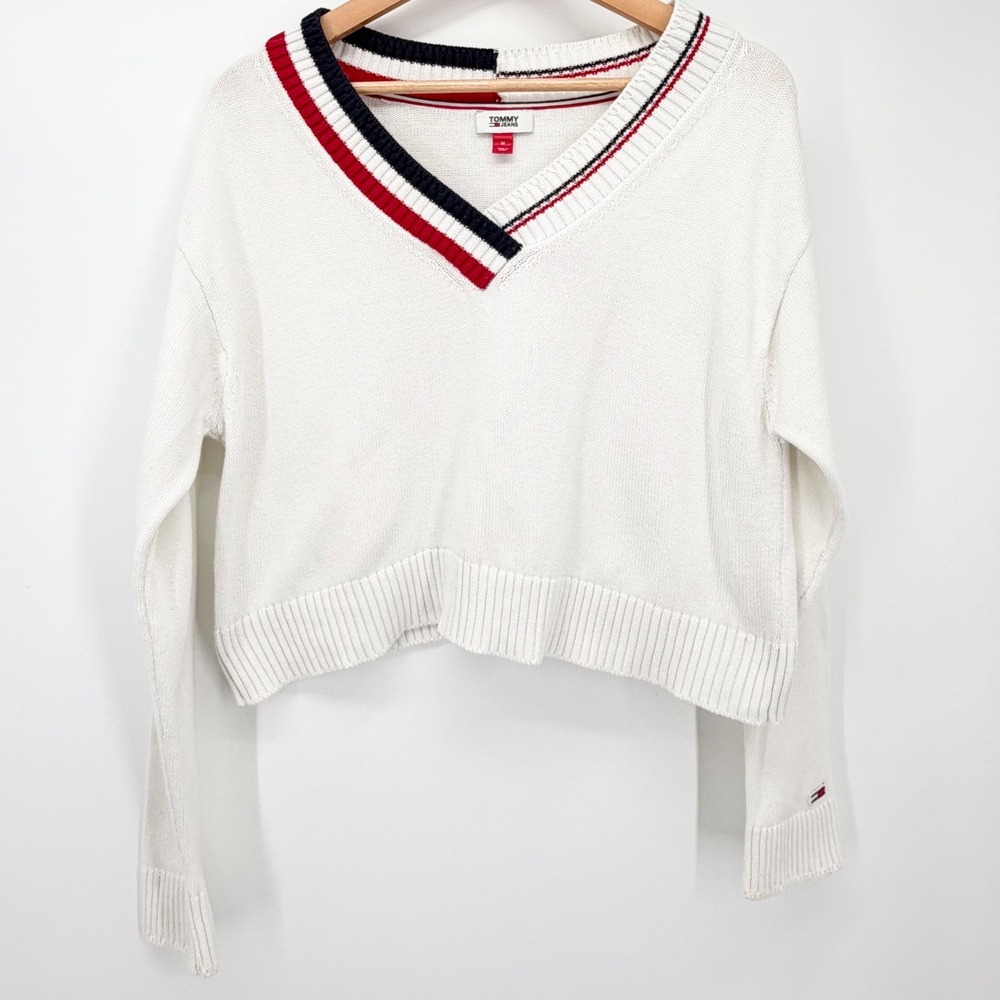 Y2K Varsity Tommy Jeans White Cropped VNeck Sweater Size M Preppy Knit 90s Retro